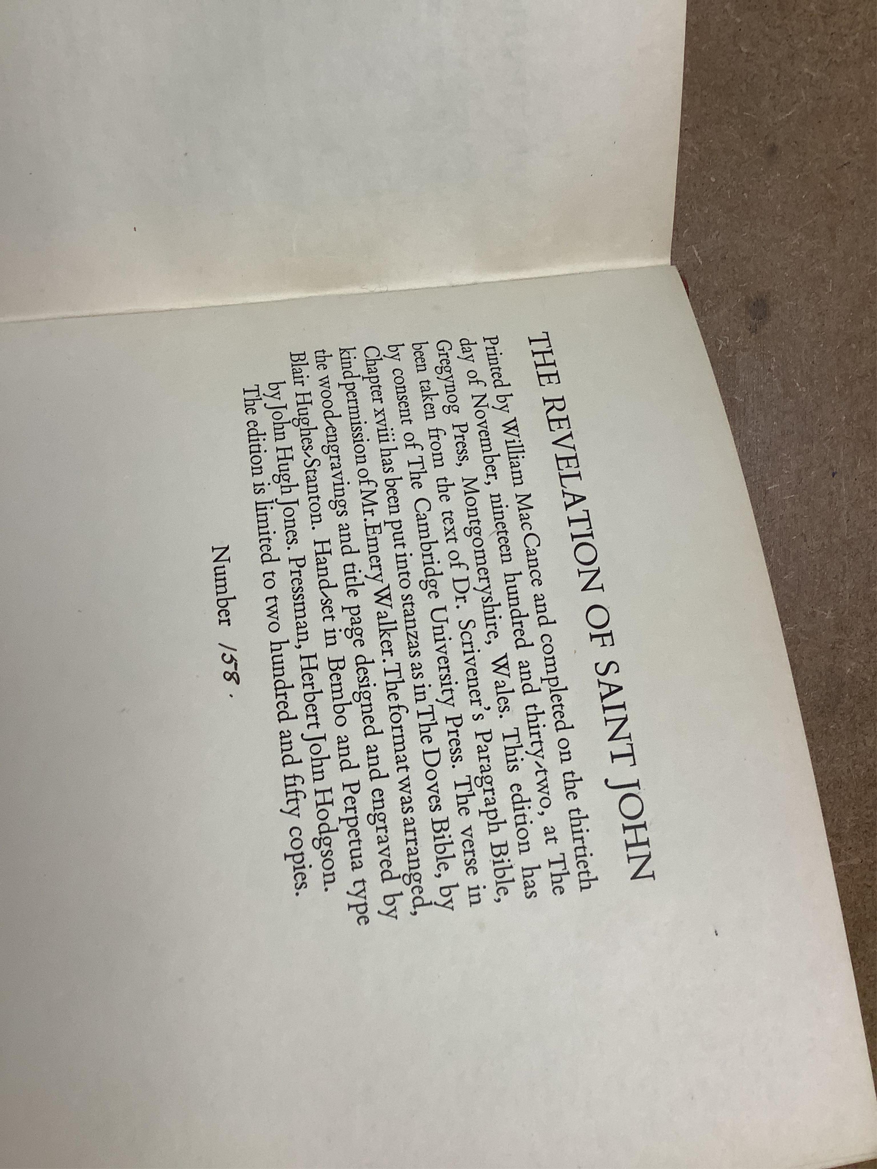 The Gregynog Press - The Revelation of Saint John the Divine. Limited Edition (of 250 numbered copies). 41 (some full page) wood engraved illus. (by Blair Hughes-Stanton), title and elsewhere with some red printing: orig